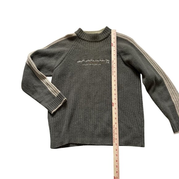 Vintage Jeanswest Wool Knit Sweater L Ribbed Gray Beige Striped Sleeves Crewneck - Picture 4 of 10